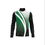 A long-sleeve athletic turtleneck top with a black base, featuring a green and white diagonal graphic pattern on the front, displayed on a solid white background.