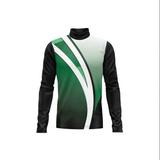 A long-sleeve athletic turtleneck top with a black base, featuring a green and white diagonal graphic pattern on the front, displayed on a solid white background.