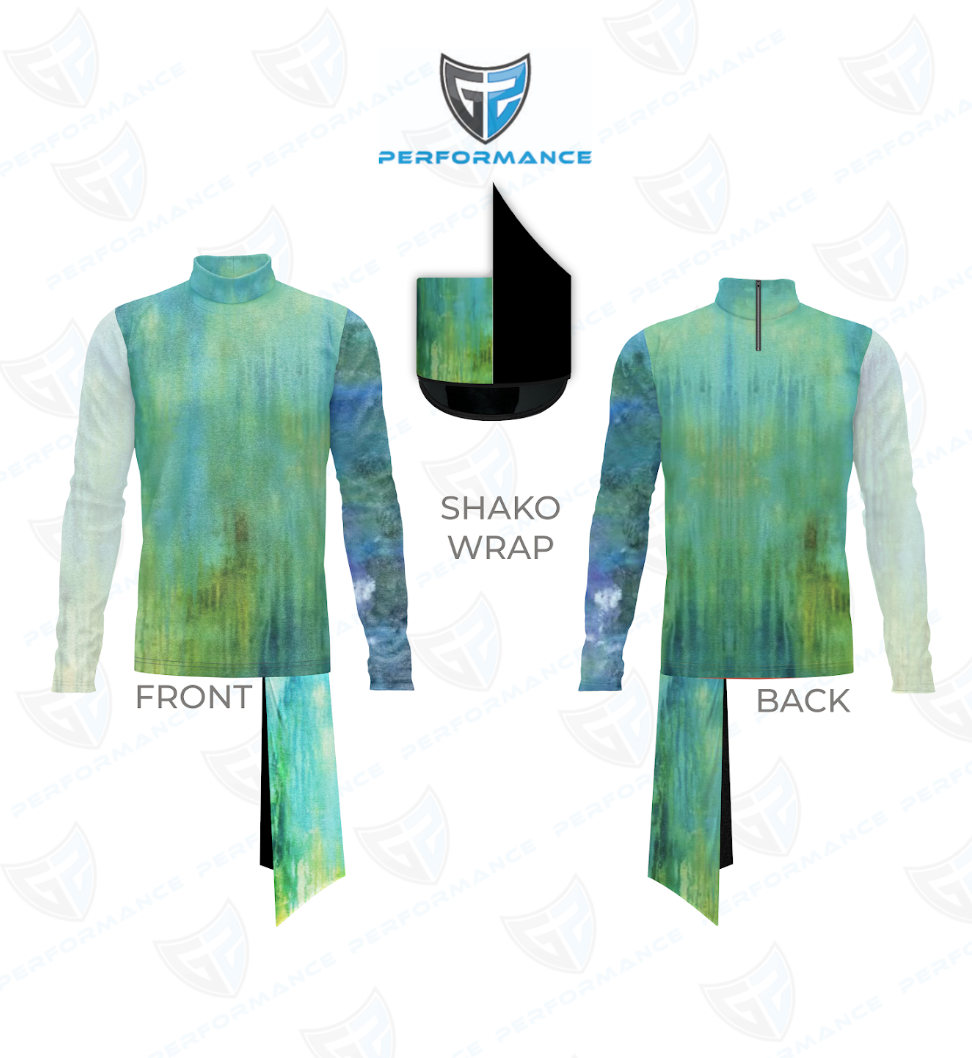 Front and back views of a long-sleeve athletic top with a shako wrap, featuring an abstract watercolor-style print in shades of green, blue, and teal. The image includes a graphic showing the shako wrap detail and a Performance logo at the top.