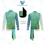 Front and back views of a long-sleeve athletic top with a shako wrap, featuring an abstract watercolor-style print in shades of green, blue, and teal. The image includes a graphic showing the shako wrap detail and a Performance logo at the top.