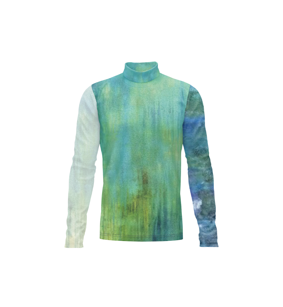 A long-sleeve mock neck shirt with a watercolor-style abstract print in shades of green, blue, and teal, featuring a solid light green torso and a split-color design on the sleeves.