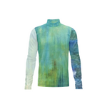 A long-sleeve mock neck shirt with a watercolor-style abstract print in shades of green, blue, and teal, featuring a solid light green torso and a split-color design on the sleeves.