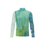 A long-sleeve mock neck shirt with a watercolor-style abstract print in shades of green, blue, and teal, featuring a solid light green torso and a split-color design on the sleeves.