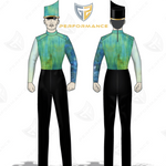Front and back views of a custom uniform design, likely for a marching band or dance team. The uniform features a high-neck top with a green and blue watercolor wash pattern on the chest and sleeves, fading to solid light blue on the arms, paired with black trousers and a matching green peaked cap.