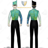 Front and back views of a custom uniform design, likely for a marching band or dance team. The uniform features a high-neck top with a green and blue watercolor wash pattern on the chest and sleeves, fading to solid light blue on the arms, paired with black trousers and a matching green peaked cap.