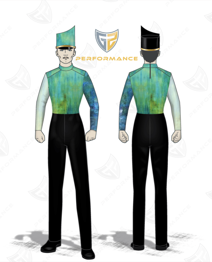 Front and back views of a custom uniform design, likely for a marching band or dance team. The uniform features a high-neck top with a green and blue watercolor wash pattern on the chest and sleeves, fading to solid light blue on the arms, paired with black trousers and a matching green peaked cap.