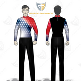 Front and back views of a custom racing suit on a white background, featuring a red, white, and blue American flag pattern on the upper body and sleeves, with black pants and a black back panel.