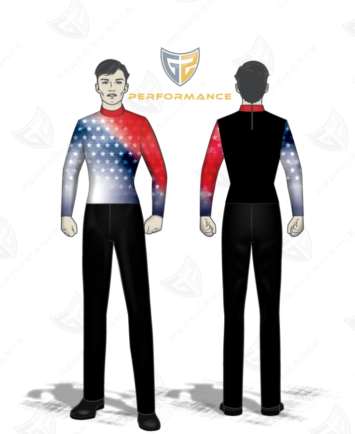 Front and back views of a custom racing suit on a white background, featuring a red, white, and blue American flag pattern on the upper body and sleeves, with black pants and a black back panel.