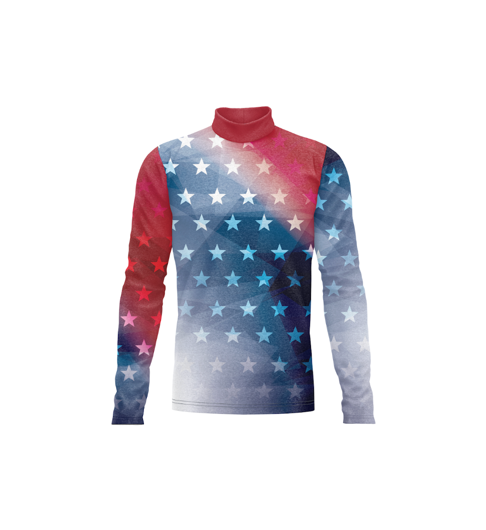 A long-sleeve mock neck shirt featuring an American flag-inspired design with white stars on a blue and red watercolor gradient background, shown on a plain white background.