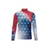 A long-sleeve mock neck shirt featuring an American flag-inspired design with white stars on a blue and red watercolor gradient background, shown on a plain white background.