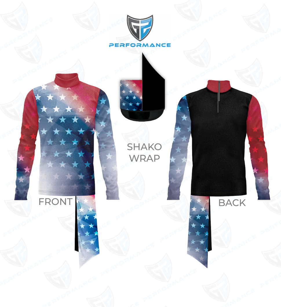 A performance athletic top shown front and back on a white background, with a small inset showing the shako wrap detail. The garment has a black torso, red-to-blue gradient sleeves, and a white star pattern across the upper body and lower legs.