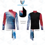 A performance athletic top shown front and back on a white background, with a small inset showing the shako wrap detail. The garment has a black torso, red-to-blue gradient sleeves, and a white star pattern across the upper body and lower legs.