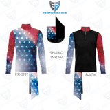 A performance athletic top shown front and back on a white background, with a small inset showing the shako wrap detail. The garment has a black torso, red-to-blue gradient sleeves, and a white star pattern across the upper body and lower legs.