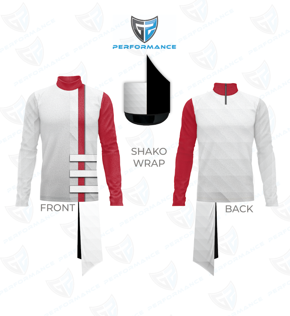 A product presentation of a white and red athletic jersey with a shako wrap, showing front and back views along with a close-up of the shako wrap detail. The brand logo 'Performance' is visible at the top.