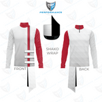 A product presentation of a white and red athletic jersey with a shako wrap, showing front and back views along with a close-up of the shako wrap detail. The brand logo 'Performance' is visible at the top.