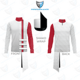 A product presentation of a white and red athletic jersey with a shako wrap, showing front and back views along with a close-up of the shako wrap detail. The brand logo 'Performance' is visible at the top.
