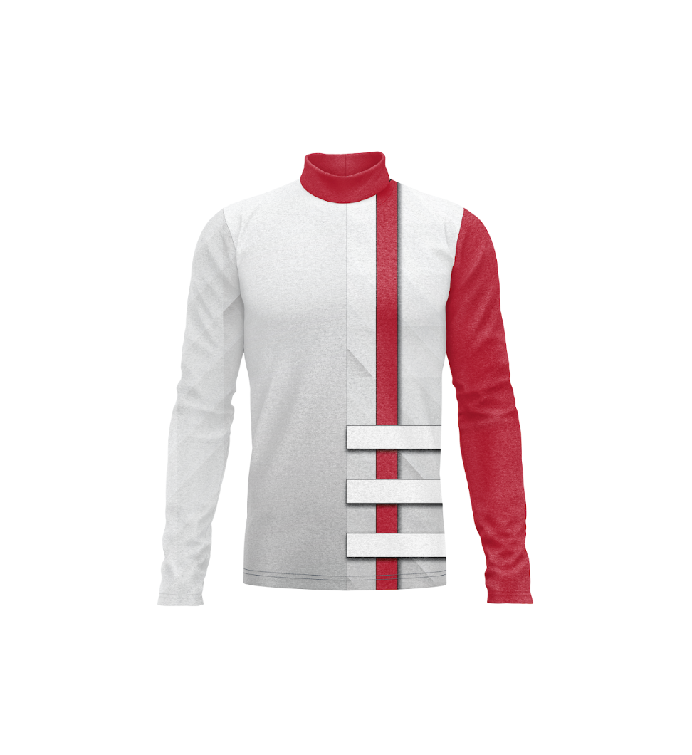 A long-sleeve mock neck shirt with a white body, a red collar, a red vertical stripe down the center, and a red right sleeve, featuring three horizontal white bars on the chest.
