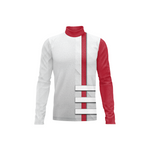 A long-sleeve mock neck shirt with a white body, a red collar, a red vertical stripe down the center, and a red right sleeve, featuring three horizontal white bars on the chest.