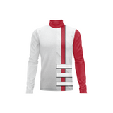 A long-sleeve mock neck shirt with a white body, a red collar, a red vertical stripe down the center, and a red right sleeve, featuring three horizontal white bars on the chest.
