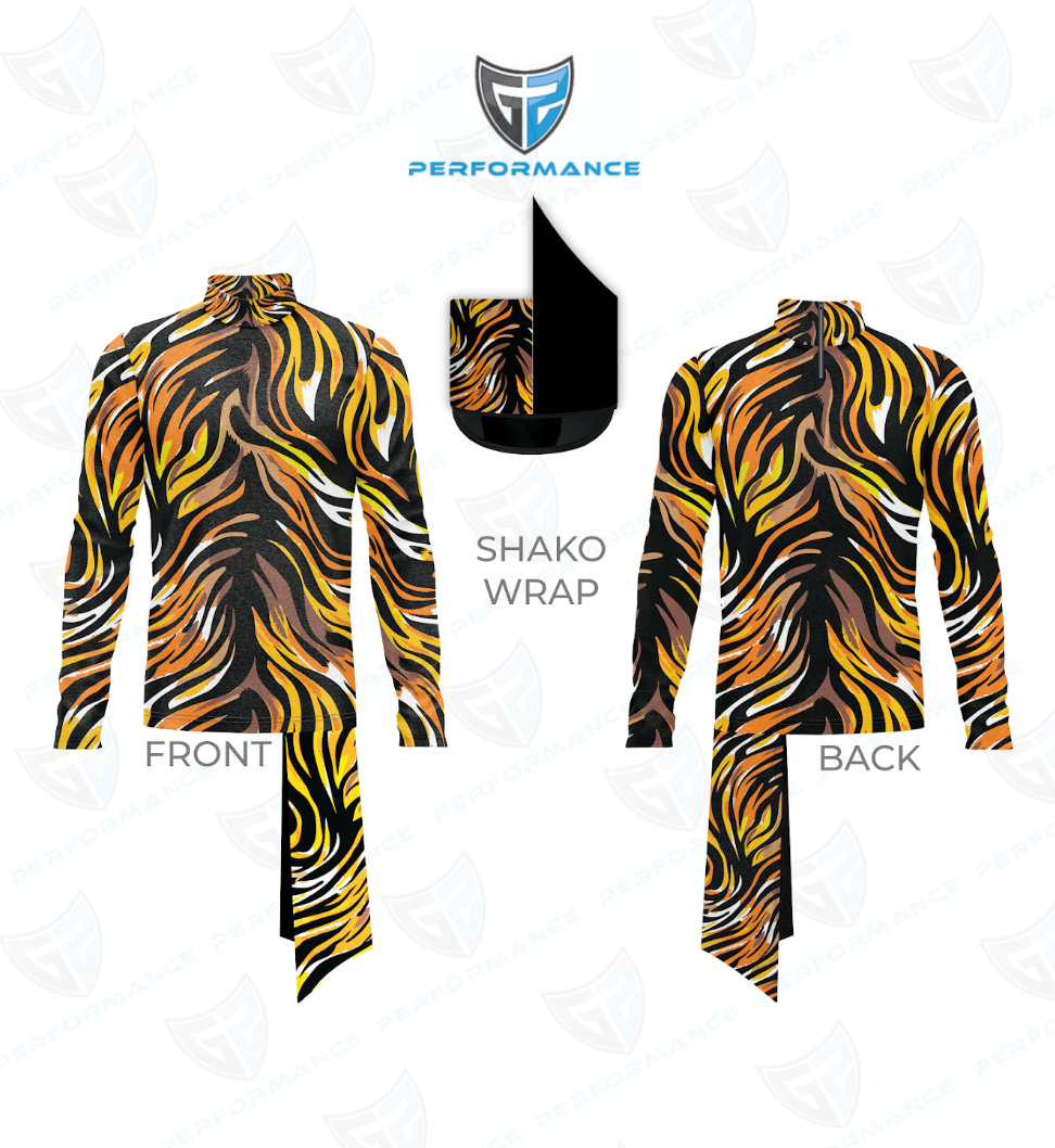 A long-sleeve high-neck shirt shown from the front and back with a bold black, yellow, orange, and white abstract pattern. A small inset shows the back side as solid black, labeled 'SHAKO WRAP.