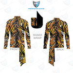 A long-sleeve high-neck shirt shown from the front and back with a bold black, yellow, orange, and white abstract pattern. A small inset shows the back side as solid black, labeled 'SHAKO WRAP.