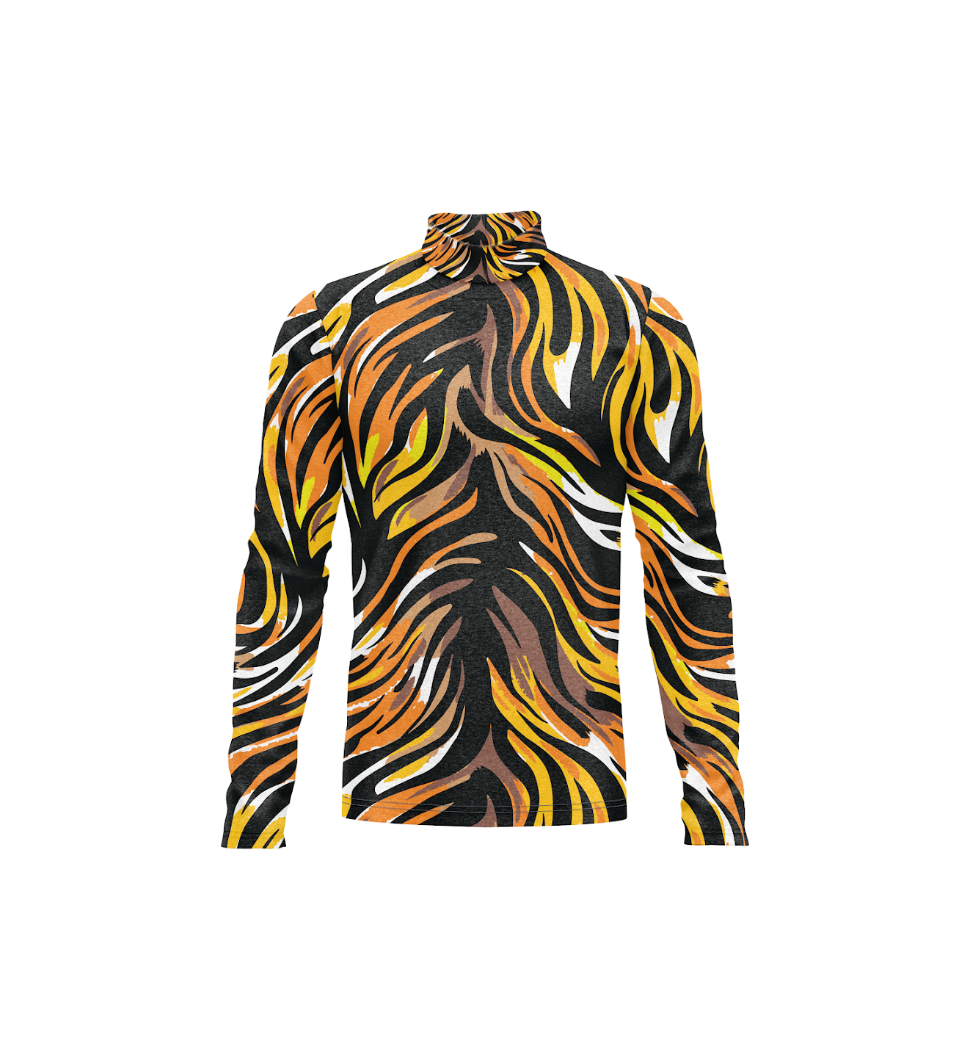 A long-sleeve mock neck top featuring a bold tiger-stripe pattern in yellow, orange, brown, and white on a black background, shown against a plain white studio backdrop.