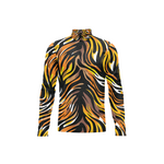 A long-sleeve mock neck top featuring a bold tiger-stripe pattern in yellow, orange, brown, and white on a black background, shown against a plain white studio backdrop.