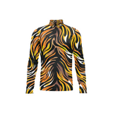 A long-sleeve mock neck top featuring a bold tiger-stripe pattern in yellow, orange, brown, and white on a black background, shown against a plain white studio backdrop.