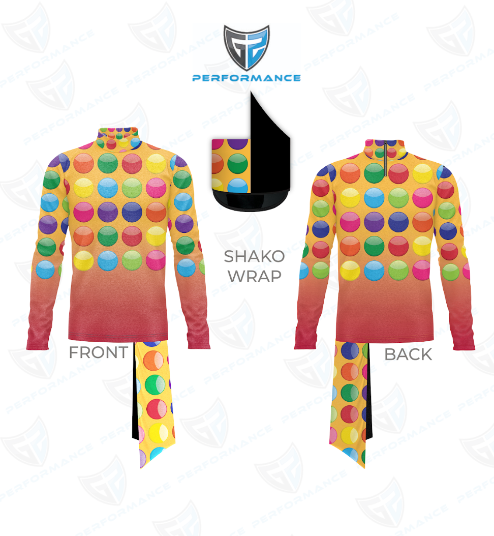 Front and back views of a long-sleeve athletic top with a colorful polka dot pattern over a yellow-to-pink gradient, shown with a matching neck gaiter and a black shako wrap insert on a white background with a shield logo.