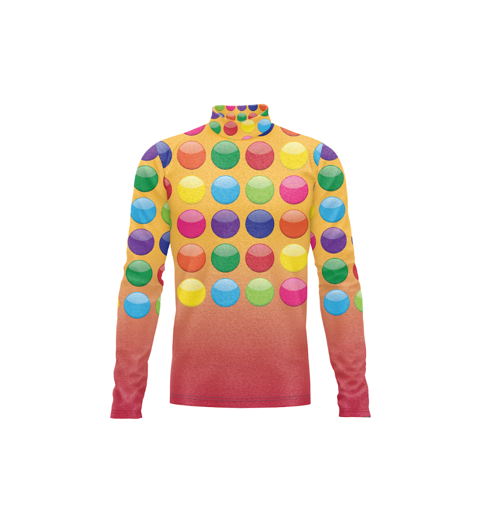 A long-sleeve mock neck top featuring a vibrant multicolor polka dot pattern on a yellow-to-pink gradient background, shown against a plain white background.