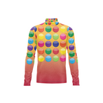 A long-sleeve mock neck top featuring a vibrant multicolor polka dot pattern on a yellow-to-pink gradient background, shown against a plain white background.