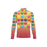 A long-sleeve mock neck top featuring a vibrant multicolor polka dot pattern on a yellow-to-pink gradient background, shown against a plain white background.