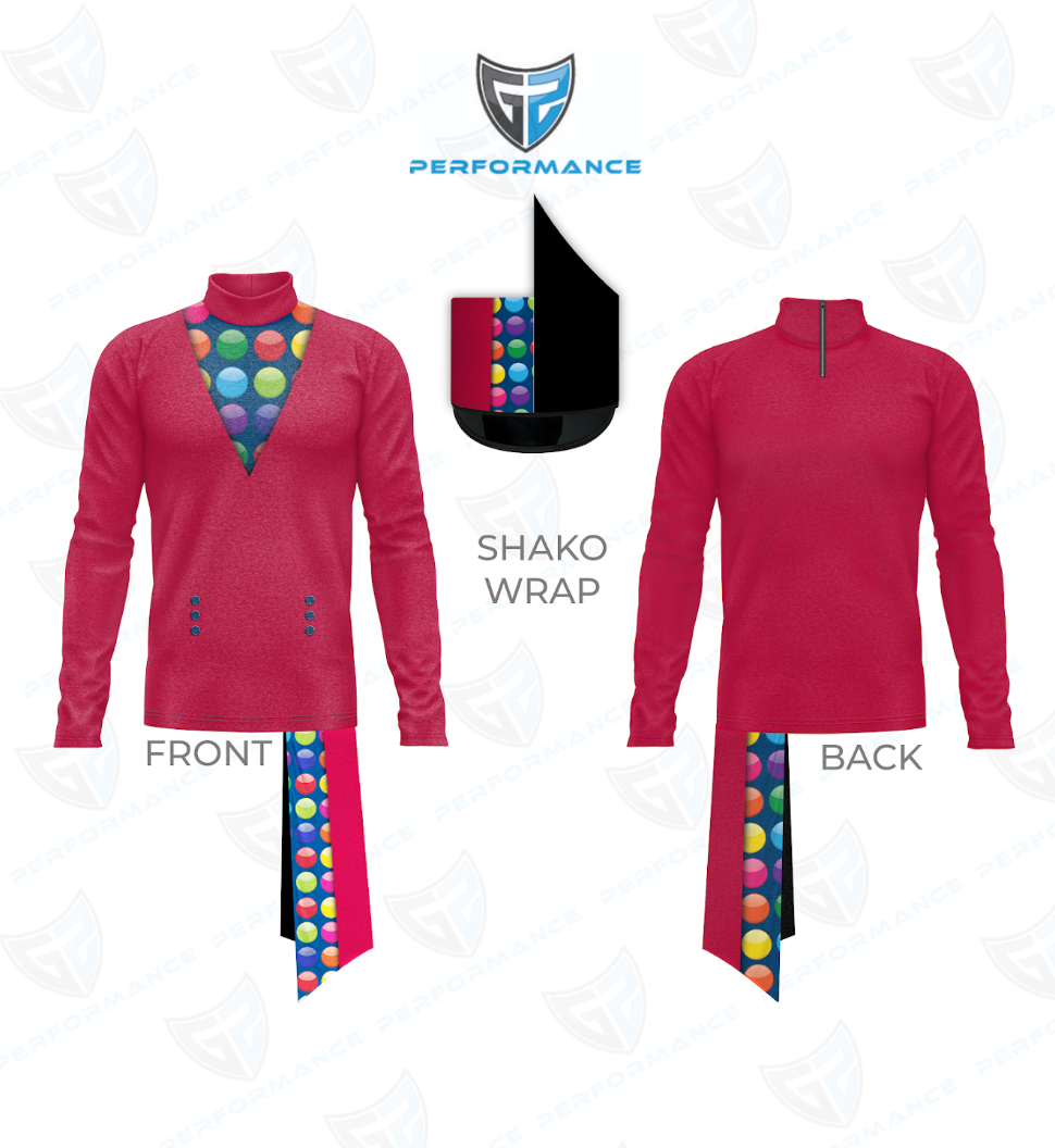 A performance athletic top shown from front and back on a white background, with a small inset showing the shako wrap detail. The garment is predominantly bright pink with a multicolor polka-dot pattern along the collar and lower front/back panels.