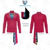 A performance athletic top shown from front and back on a white background, with a small inset showing the shako wrap detail. The garment is predominantly bright pink with a multicolor polka-dot pattern along the collar and lower front/back panels.