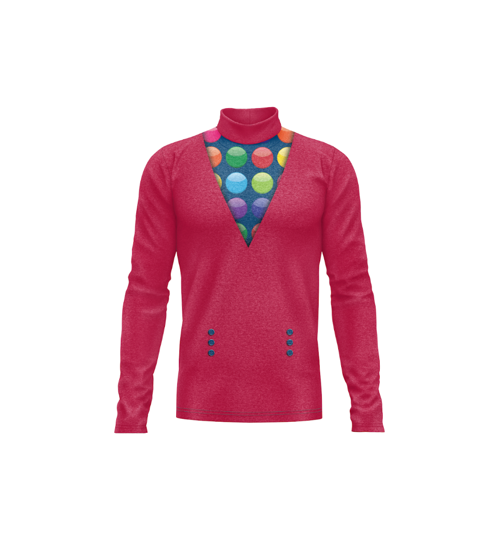 A long-sleeve turtleneck top in heathered red, featuring a colorful printed graphic of overlapping circles on the chest and matching circular details on the lower front.