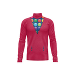 A long-sleeve turtleneck top in heathered red, featuring a colorful printed graphic of overlapping circles on the chest and matching circular details on the lower front.