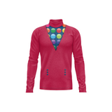 A long-sleeve turtleneck top in heathered red, featuring a colorful printed graphic of overlapping circles on the chest and matching circular details on the lower front.
