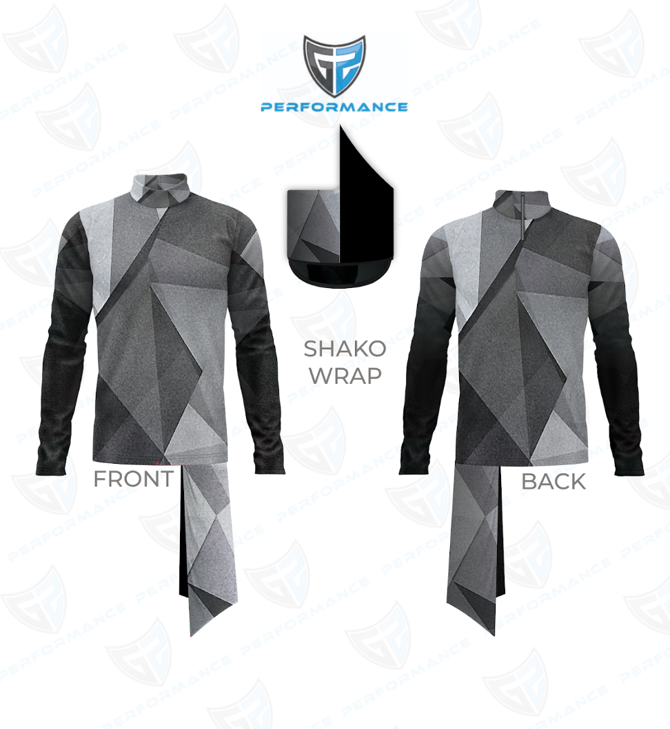 A long-sleeve athletic jersey shown from the front and back on a white background, featuring a geometric polygonal pattern in black, gray, and white. A black wrap-around shako-style collar wrap is displayed above, with the text 'SHAKO WRAP' and a shield logo reading 'PERFORMANCE' at the top.