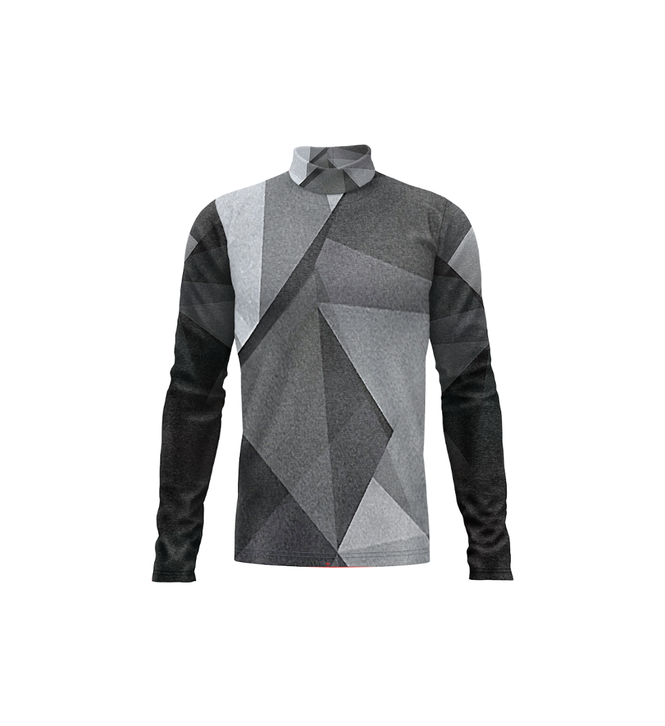 A long-sleeve mock neck shirt featuring a geometric, faceted polygonal pattern in shades of gray and black, displayed on a clean white background.