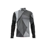 A long-sleeve mock neck shirt featuring a geometric, faceted polygonal pattern in shades of gray and black, displayed on a clean white background.