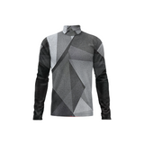 A long-sleeve mock neck shirt featuring a geometric, faceted polygonal pattern in shades of gray and black, displayed on a clean white background.