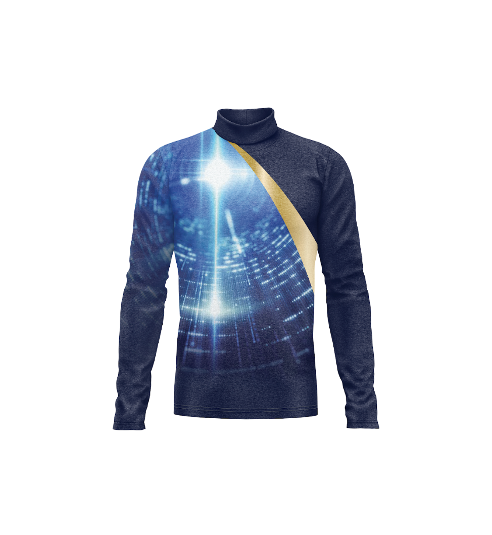 A long-sleeve mock neck shirt with a dark navy blue base, featuring a glowing blue and white futuristic digital cityscape graphic on the front, accented by a diagonal gold stripe.