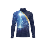 A long-sleeve mock neck shirt with a dark navy blue base, featuring a glowing blue and white futuristic digital cityscape graphic on the front, accented by a diagonal gold stripe.