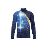 A long-sleeve mock neck shirt with a dark navy blue base, featuring a glowing blue and white futuristic digital cityscape graphic on the front, accented by a diagonal gold stripe.