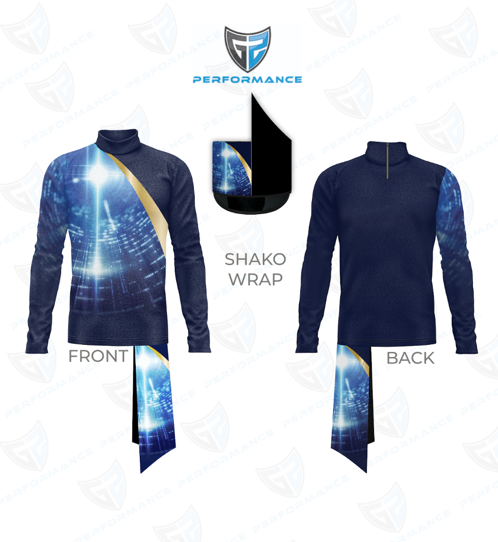 A custom athletic quarter-zip long-sleeve shirt shown from the front and back, featuring a dark blue and light blue futuristic cityscape print with gold accents. A black and blue 'SHAKO WRAP' decal is displayed in the center, along with a shield logo at the top.