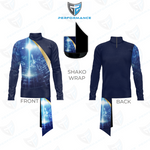 A custom athletic quarter-zip long-sleeve shirt shown from the front and back, featuring a dark blue and light blue futuristic cityscape print with gold accents. A black and blue 'SHAKO WRAP' decal is displayed in the center, along with a shield logo at the top.