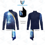 A custom athletic quarter-zip long-sleeve shirt shown from the front and back, featuring a dark blue and light blue futuristic cityscape print with gold accents. A black and blue 'SHAKO WRAP' decal is displayed in the center, along with a shield logo at the top.