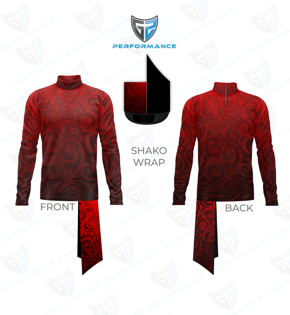 Front and back views of a long-sleeve athletic shirt with a red and black shako swirl pattern, shown on a white background with a logo and a shako wrap inset.