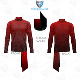 Front and back views of a long-sleeve athletic shirt with a red and black shako swirl pattern, shown on a white background with a logo and a shako wrap inset.