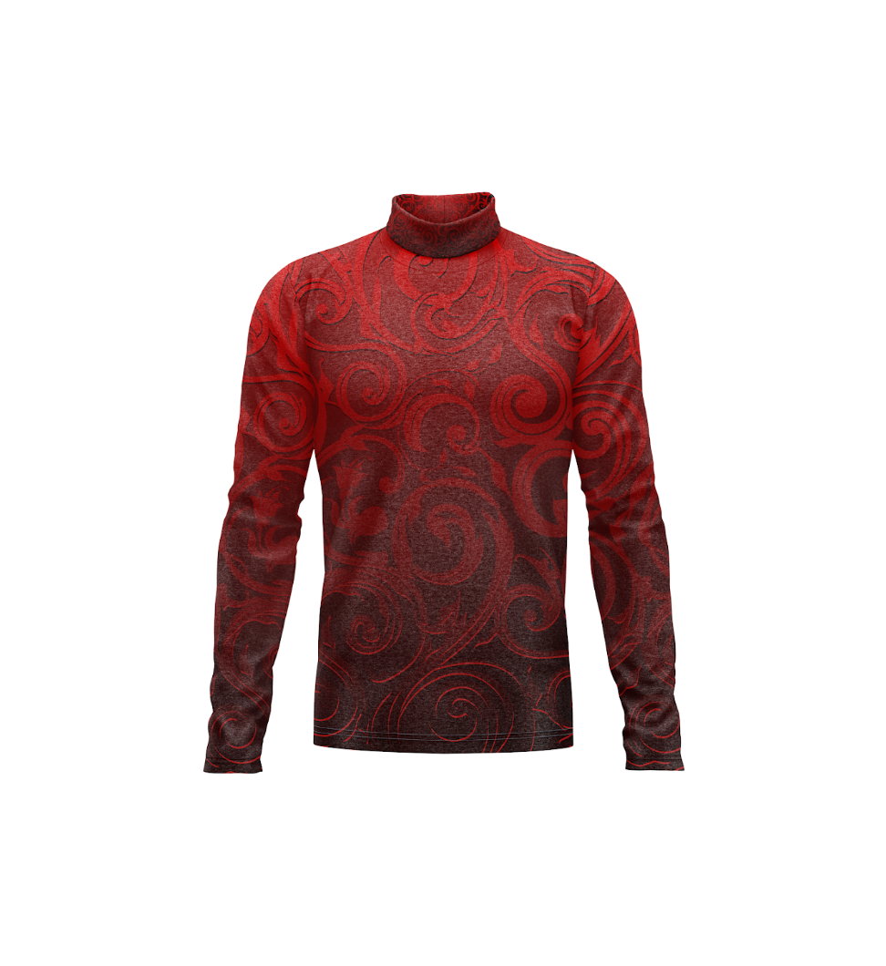 A long-sleeve mock neck shirt featuring a dark red and black swirling pattern, displayed on a solid white background.